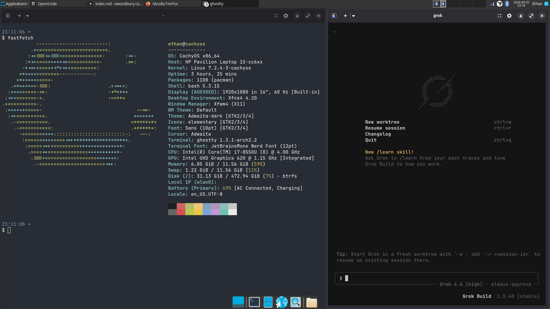 CachyOS terminal with fastfetch next to the Grok agent window