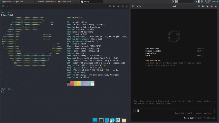 CachyOS terminal running fastfetch next to a Grok agent window