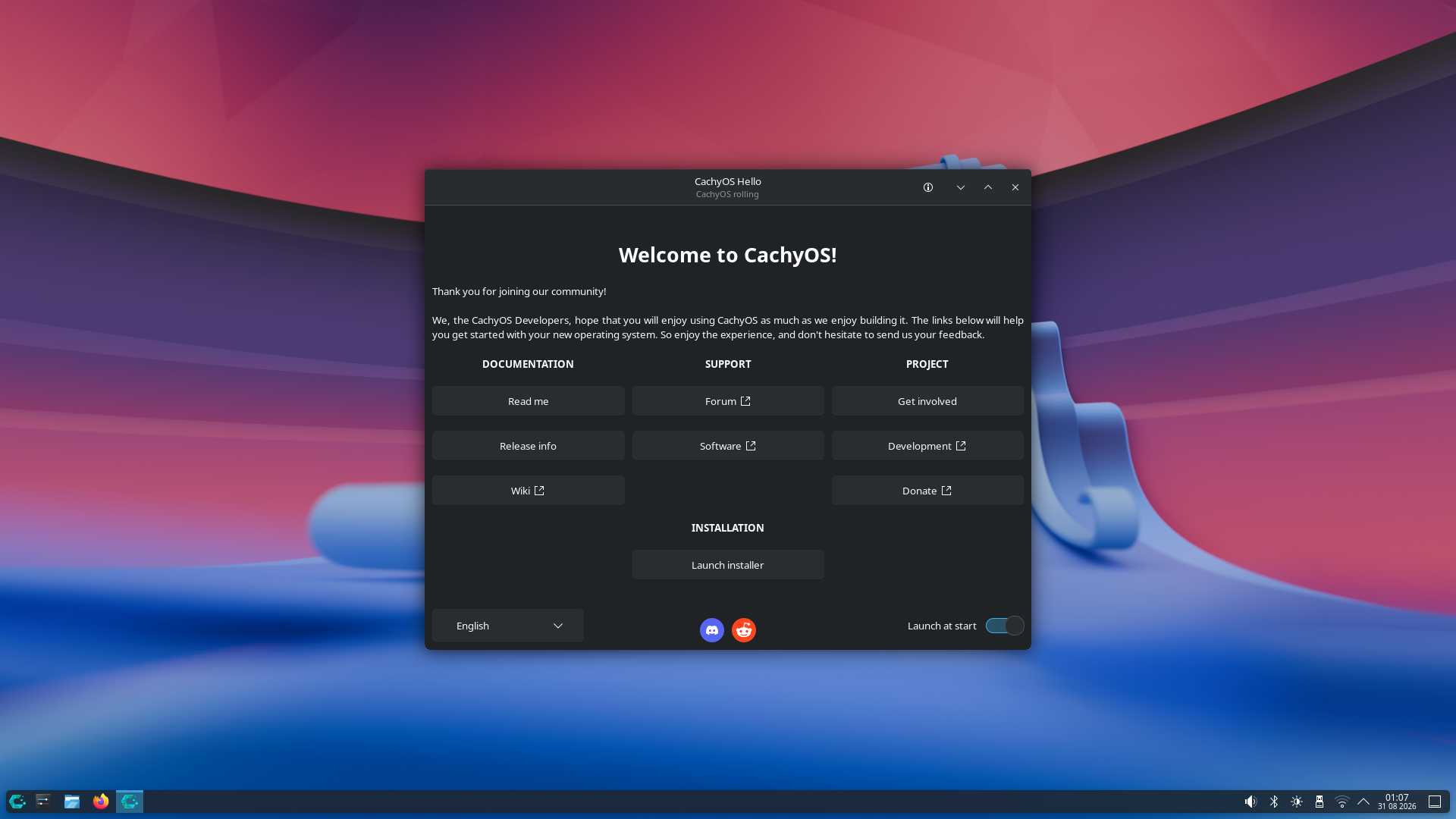 CachyOS Hello welcome screen in the live USB install environment