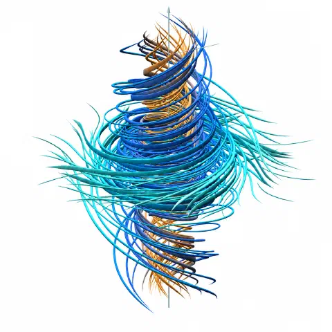 Vortex filaments in blue, teal, and gold spiraling around a vertical vorticity axis